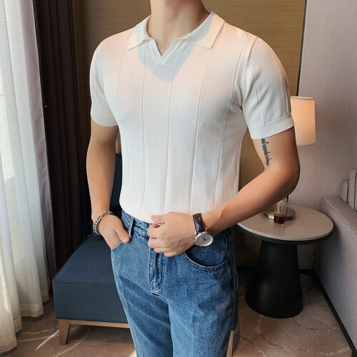 Men Short Sleeve Knitted Polo Shirts British Style New Summer Male